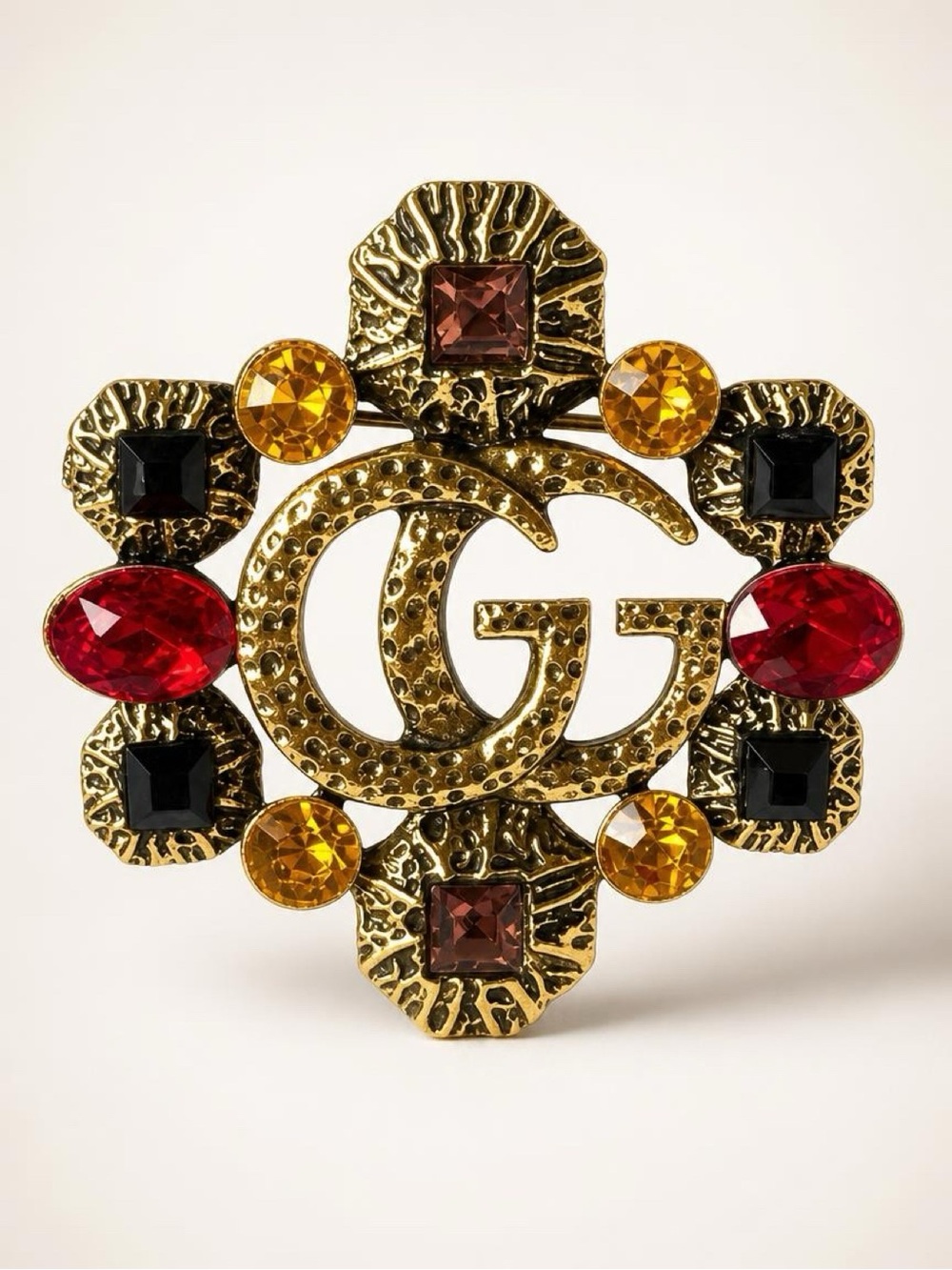 Fashion Jewelry Gold-Tone Brooch with Red, Black, Amber and Brown Stones with GG